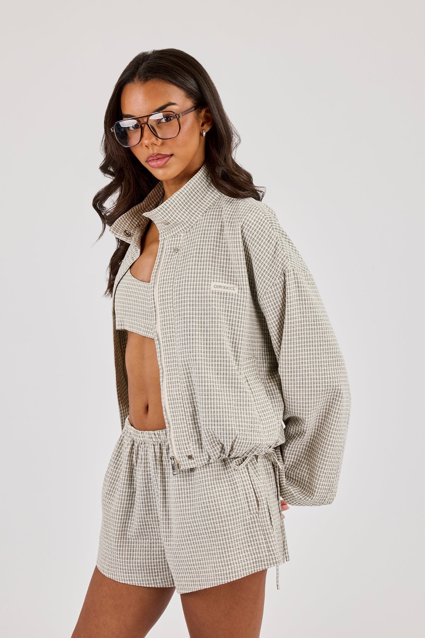 Check Twill Funnel Neck Jacket - Off White